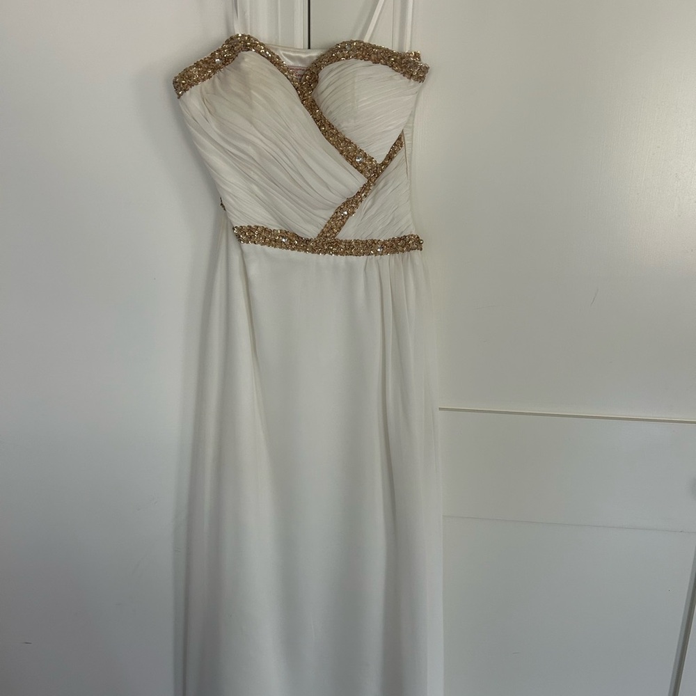 Elegant Strapless White and Gold Prom Dress